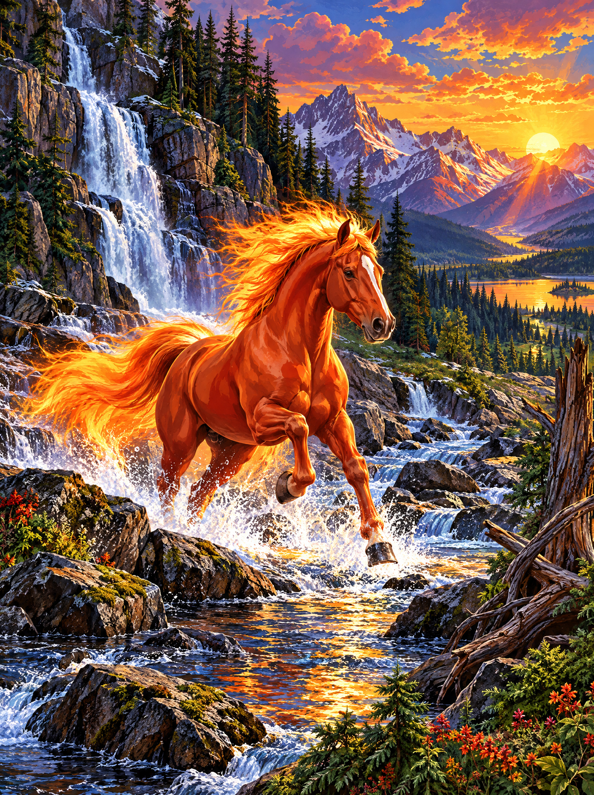 Fire-Maned Horse At The Waterfall