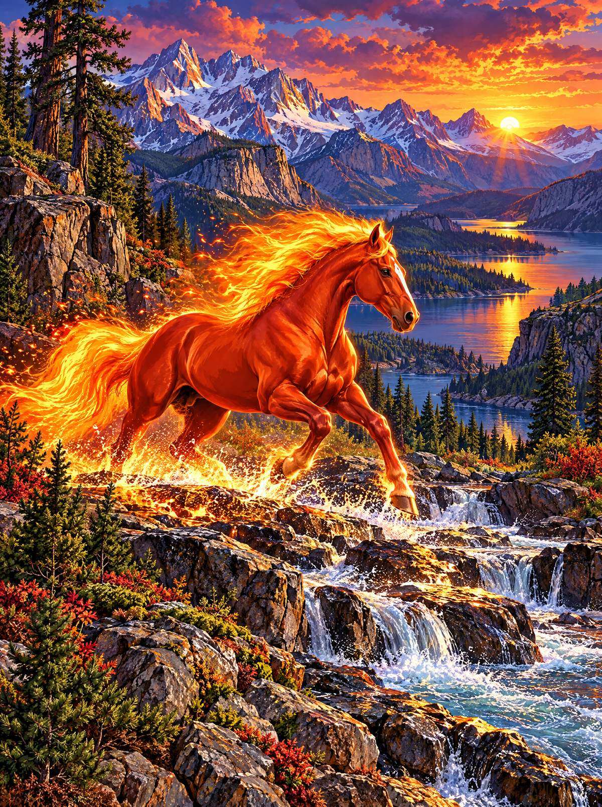 Flame-Maned Stallion Along The Lake