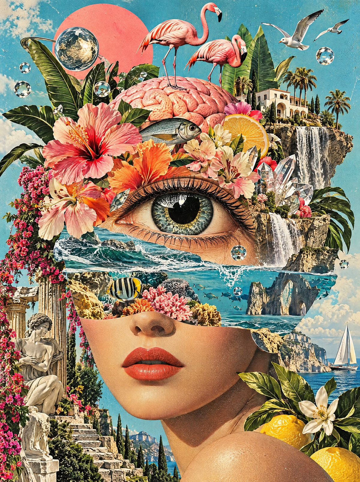 Flamingos On Her Flowered Brow