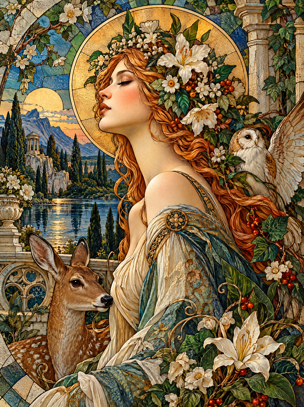 Flower Crown With A Fawn And Owl