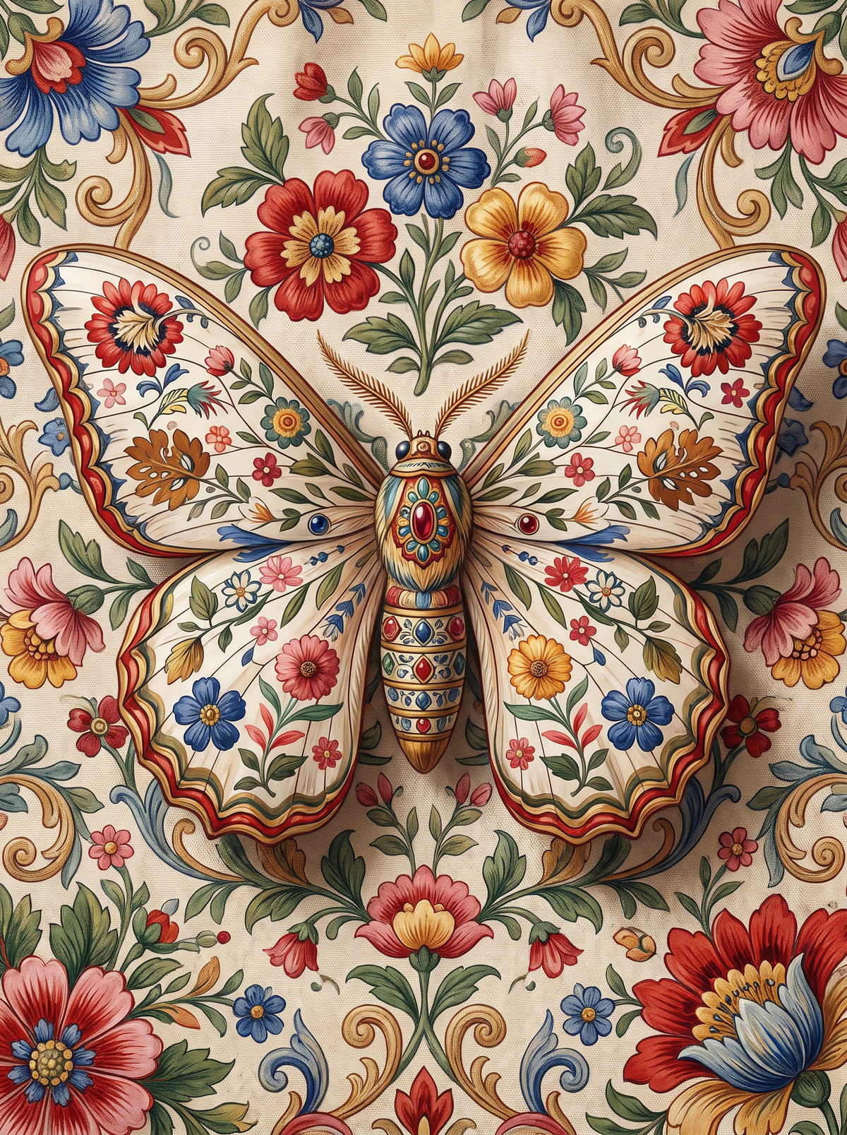 Folk Butterfly On Floral Chintz