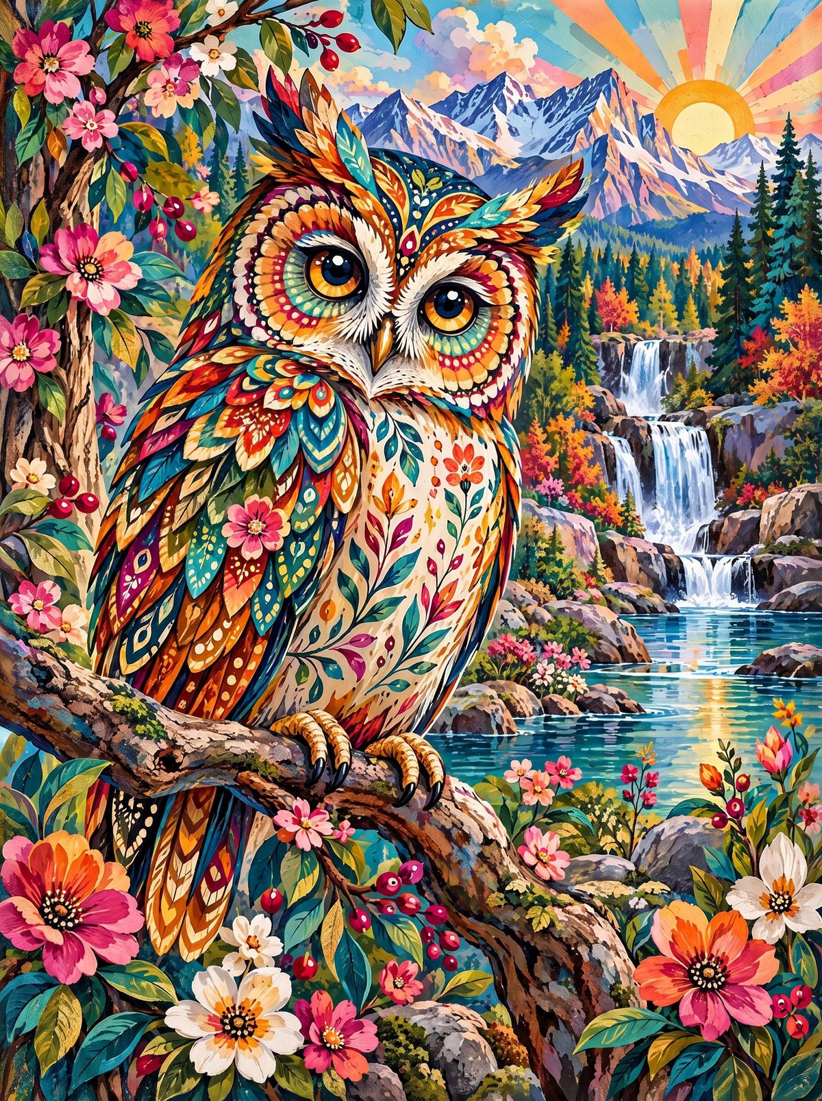 Folk-Painted Owl By The Falls