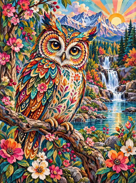 Folk-Painted Owl By The Falls (150 Color Diamond Painting)