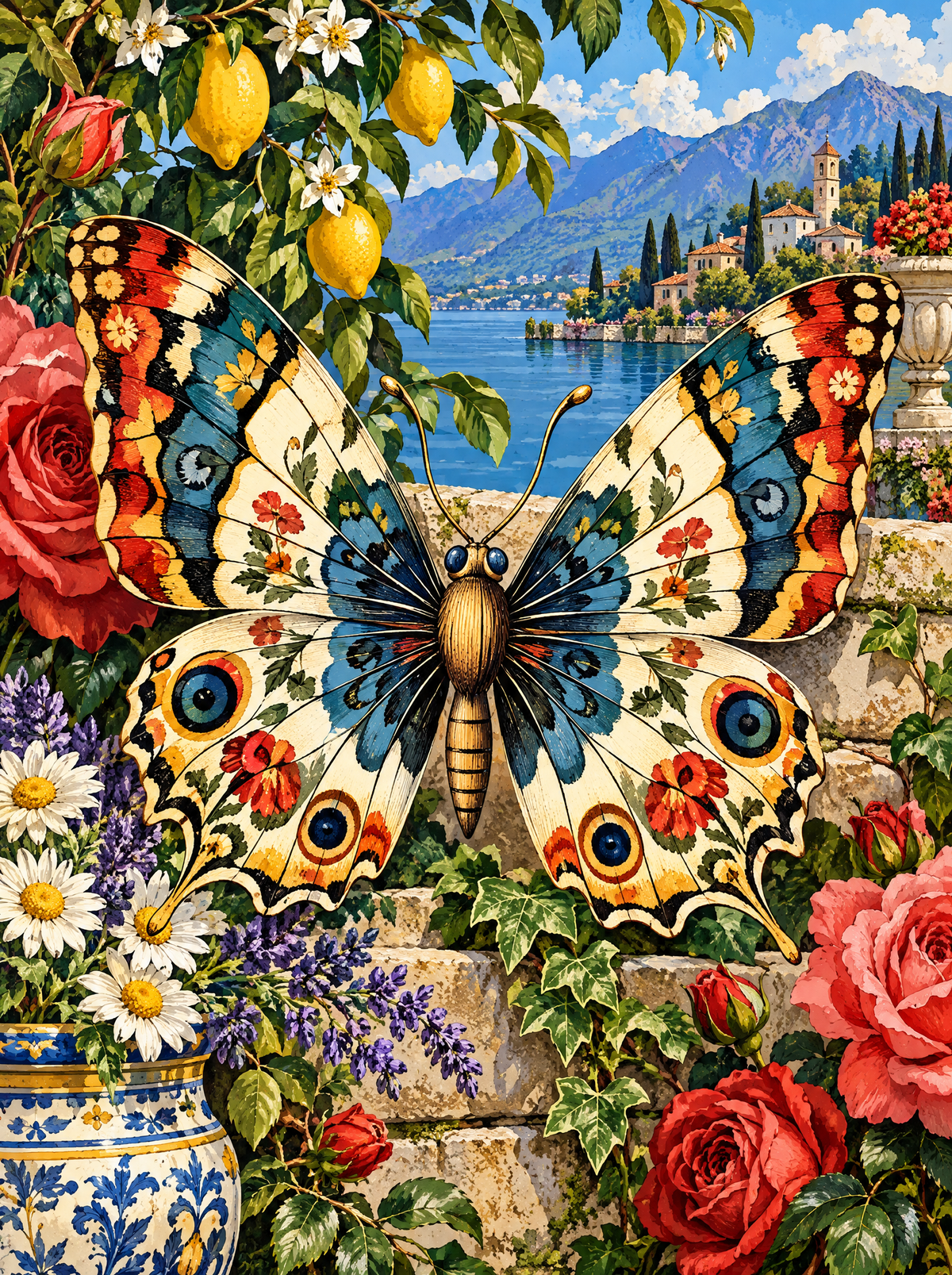 Folk-Patterned Butterfly On The Lemon Wall
