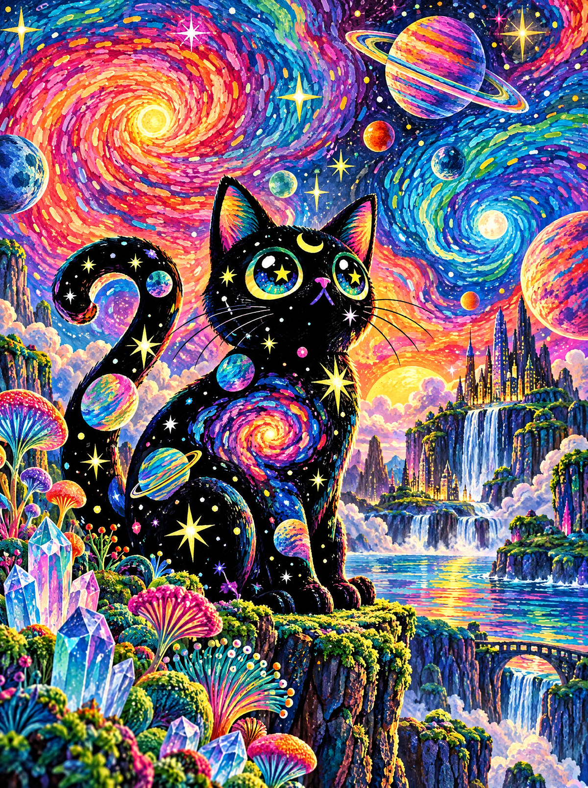 Galaxy Cat With Crystal Mushrooms
