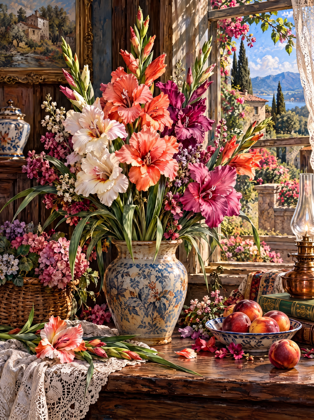 Gladioli And Peaches By The Window