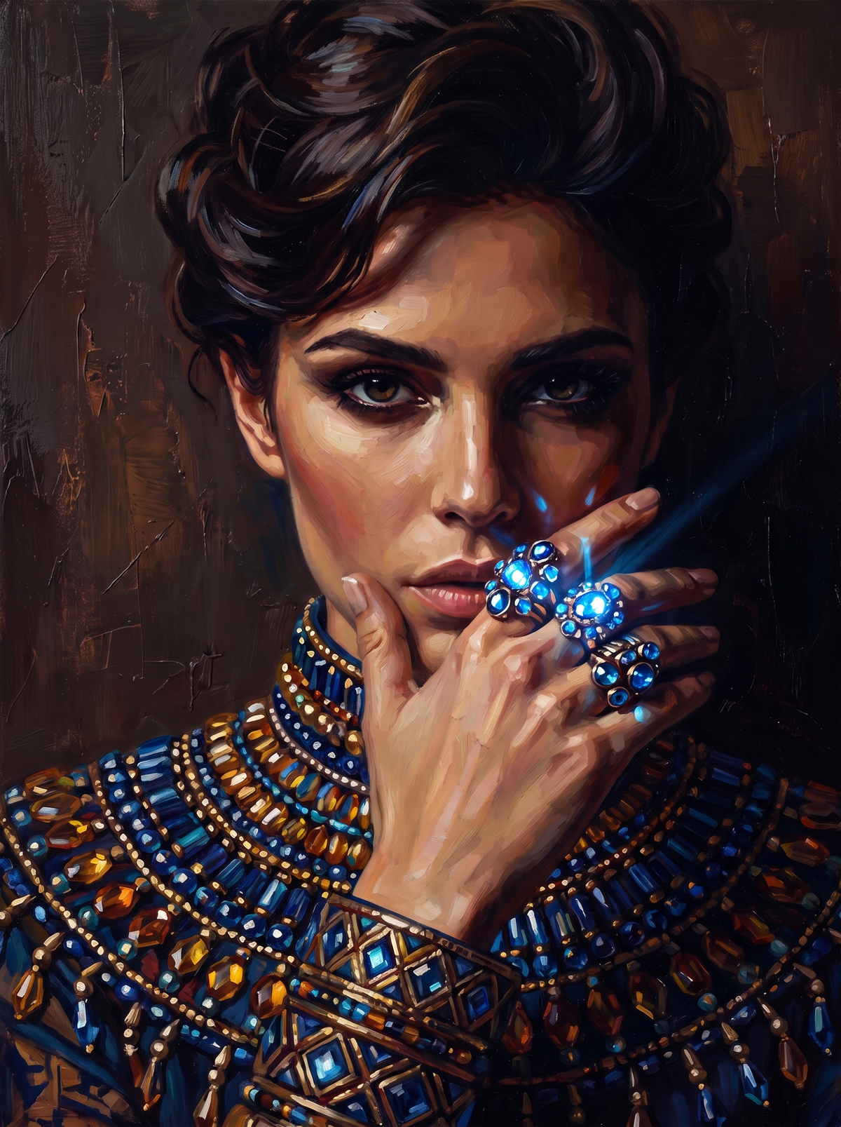 Glowing Blue Rings And A Beaded Collar