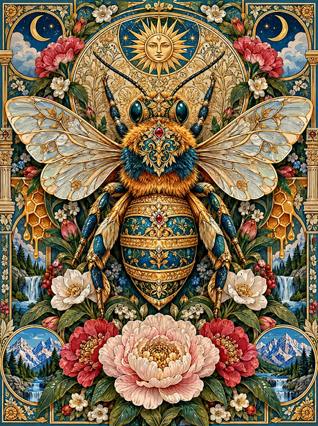 Golden Bee Beneath The Sun Medallion (150 Color Diamond Painting)