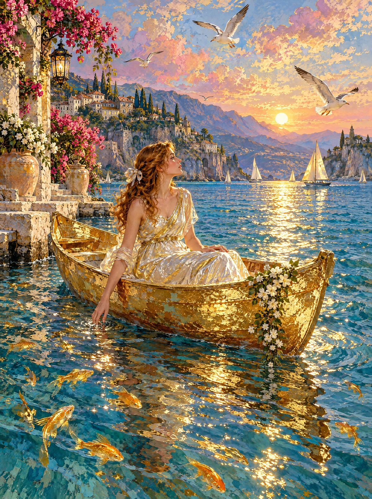 Golden Boat On The Sunset Sea