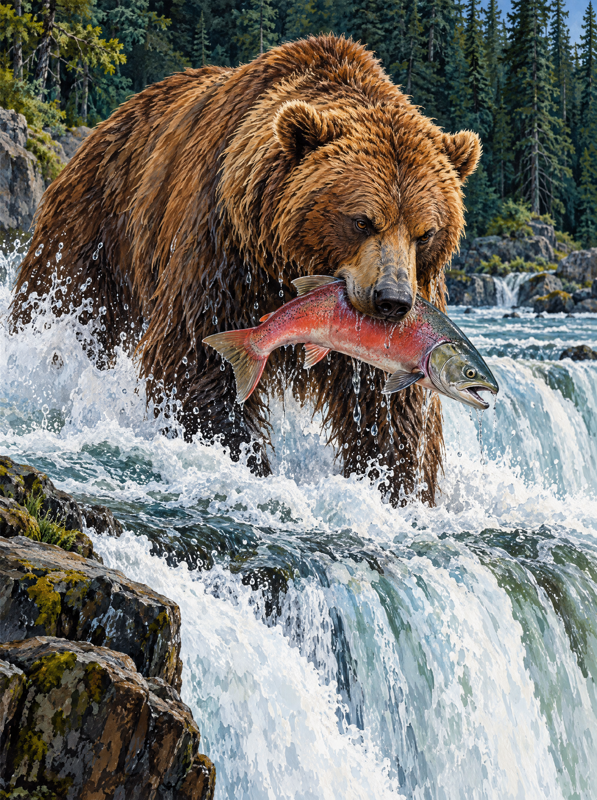 Grizzly Catching Salmon At The Falls