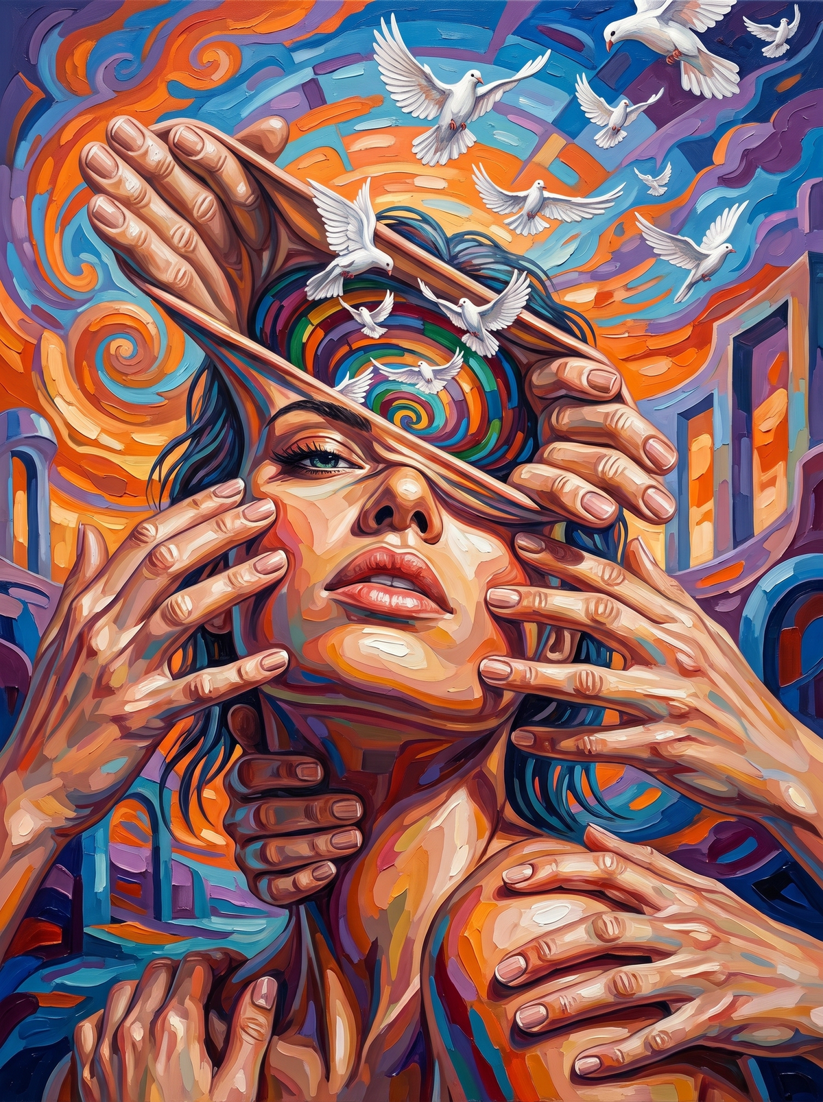 Hands Unfolding Her Face