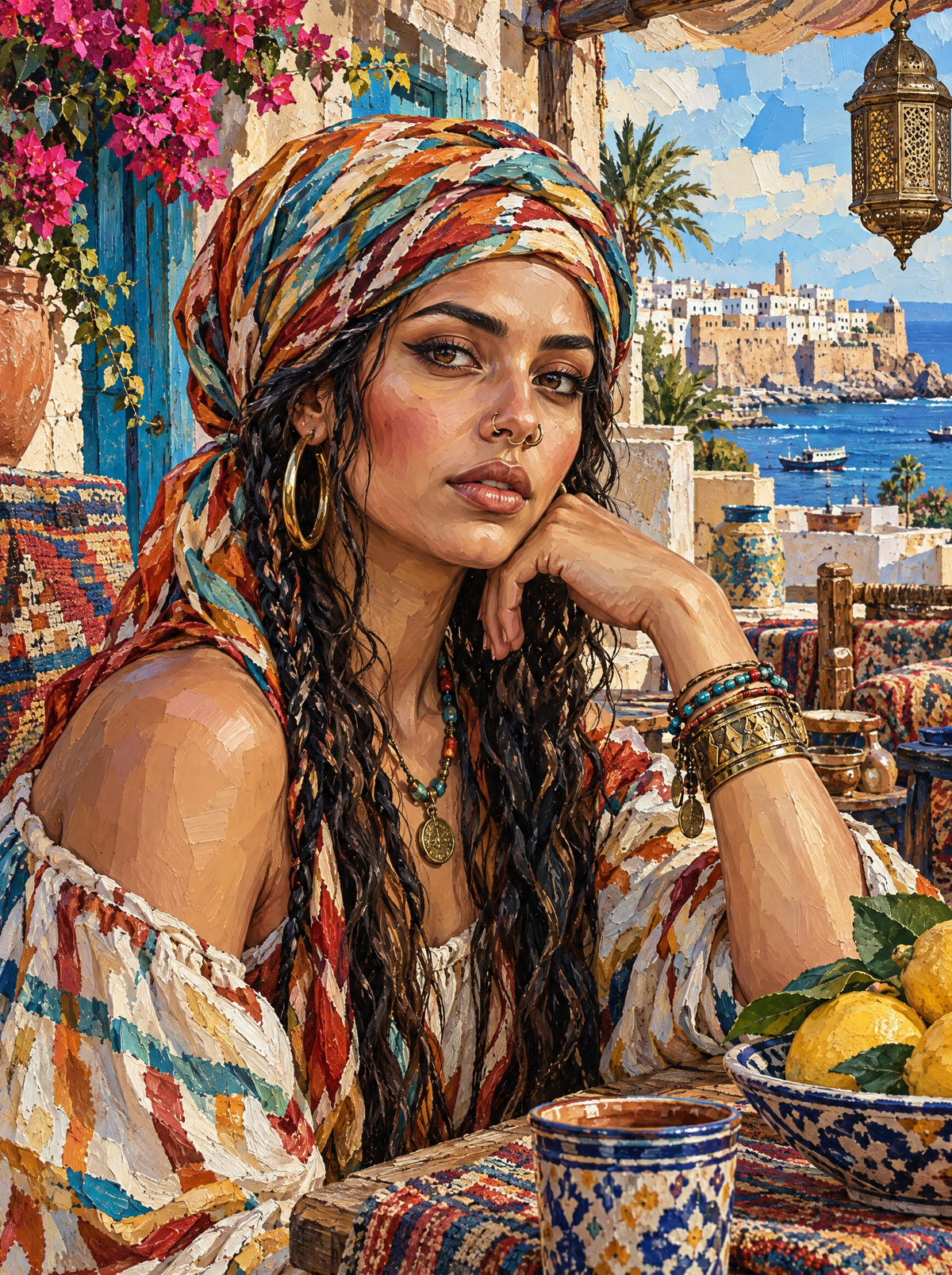 Headscarf And Lemons By The Harbour