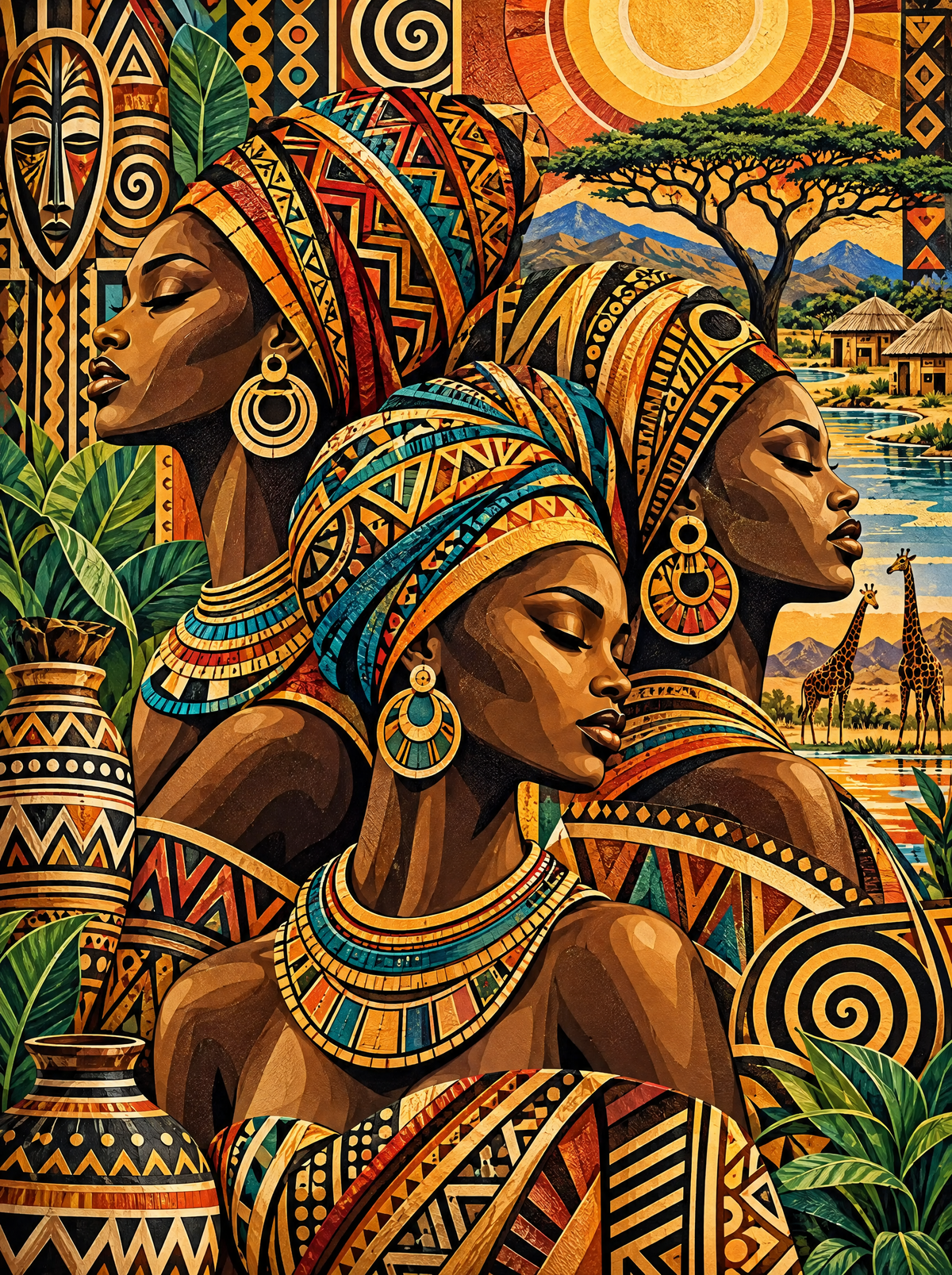 Headwraps And Giraffes On The Savanna