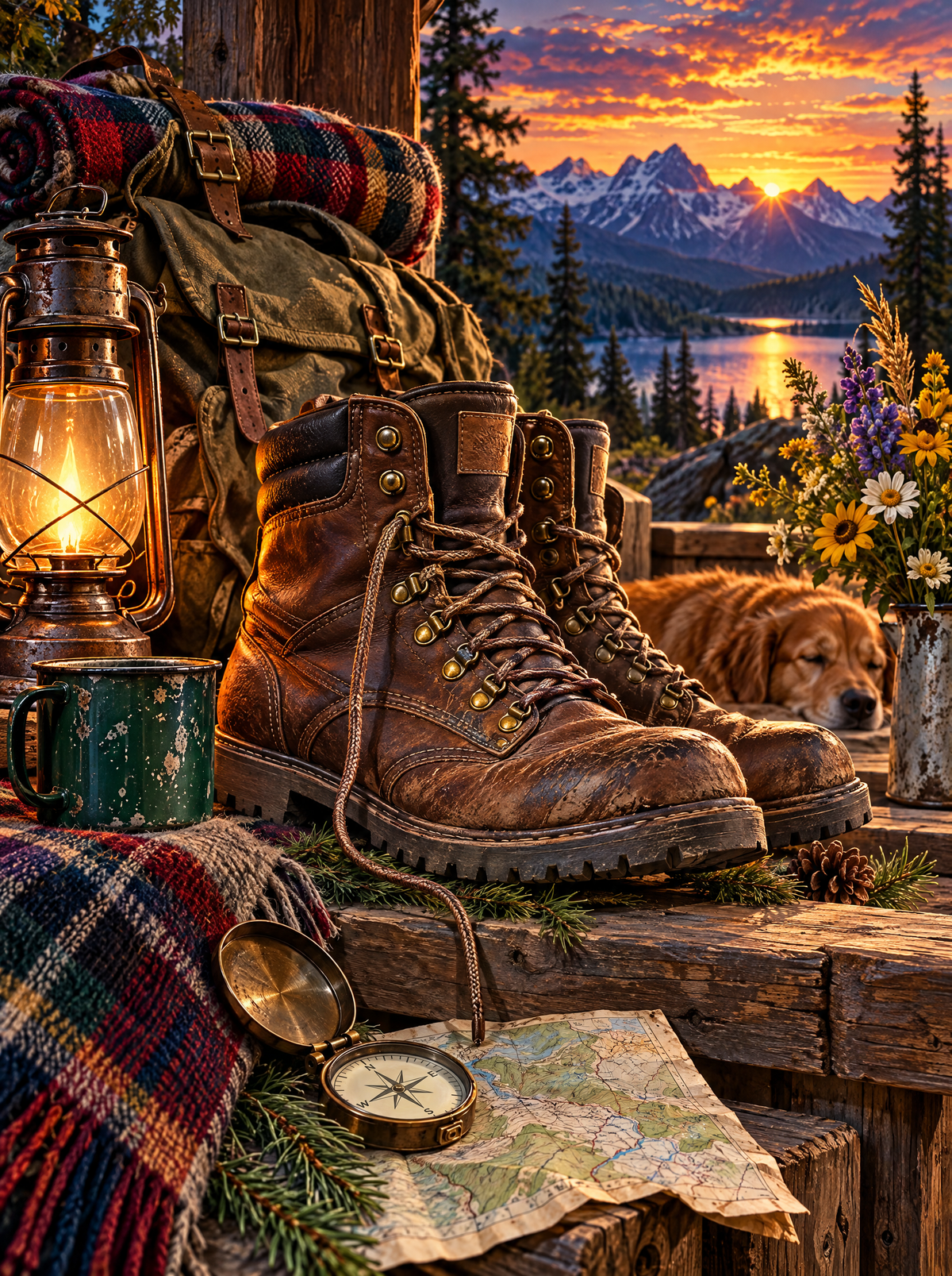 Hiking Boots And A Sleeping Retriever