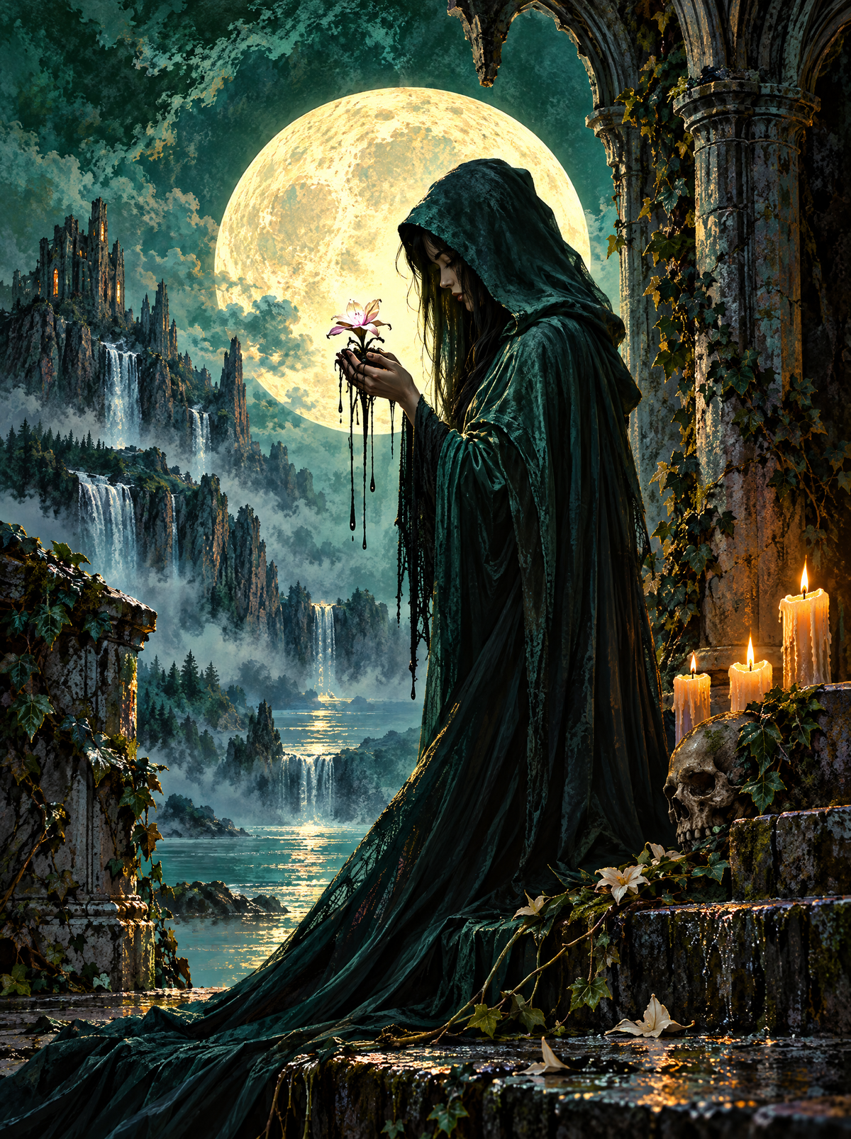 Hooded Mourner Under The Full Moon
