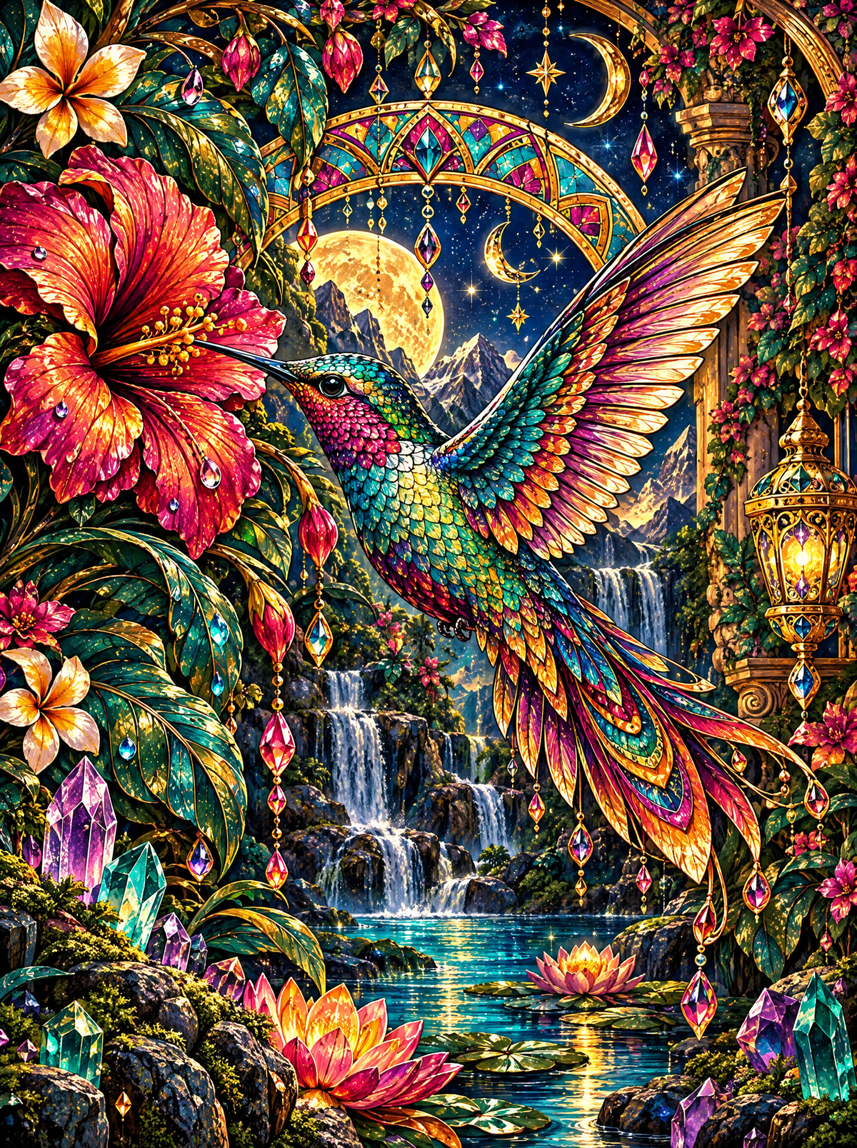 Hummingbird Among Hibiscus And Crystals