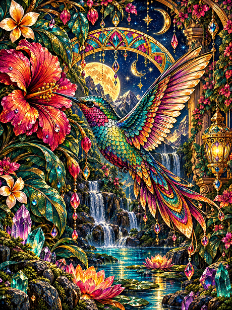 Hummingbird Among Hibiscus And Crystals (150 Color Diamond Painting)