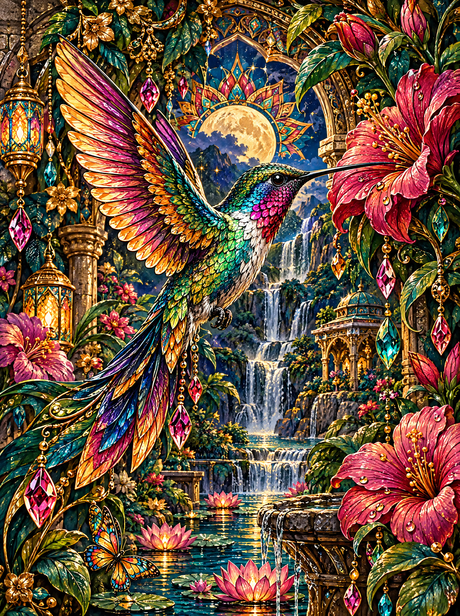 Hummingbird And The Hanging Lanterns (150 Color Diamond Painting)