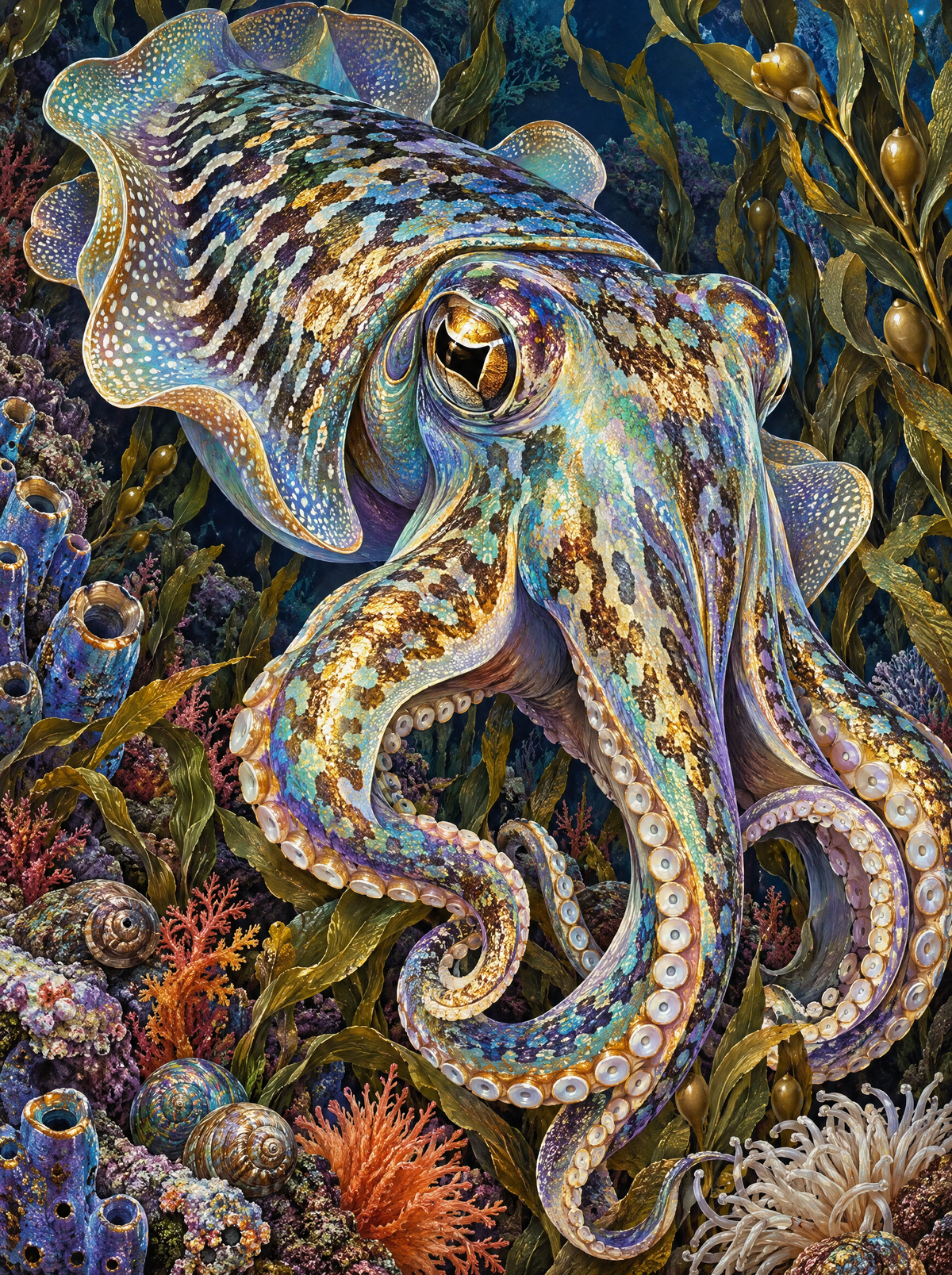 Iridescent Cuttlefish On The Reef