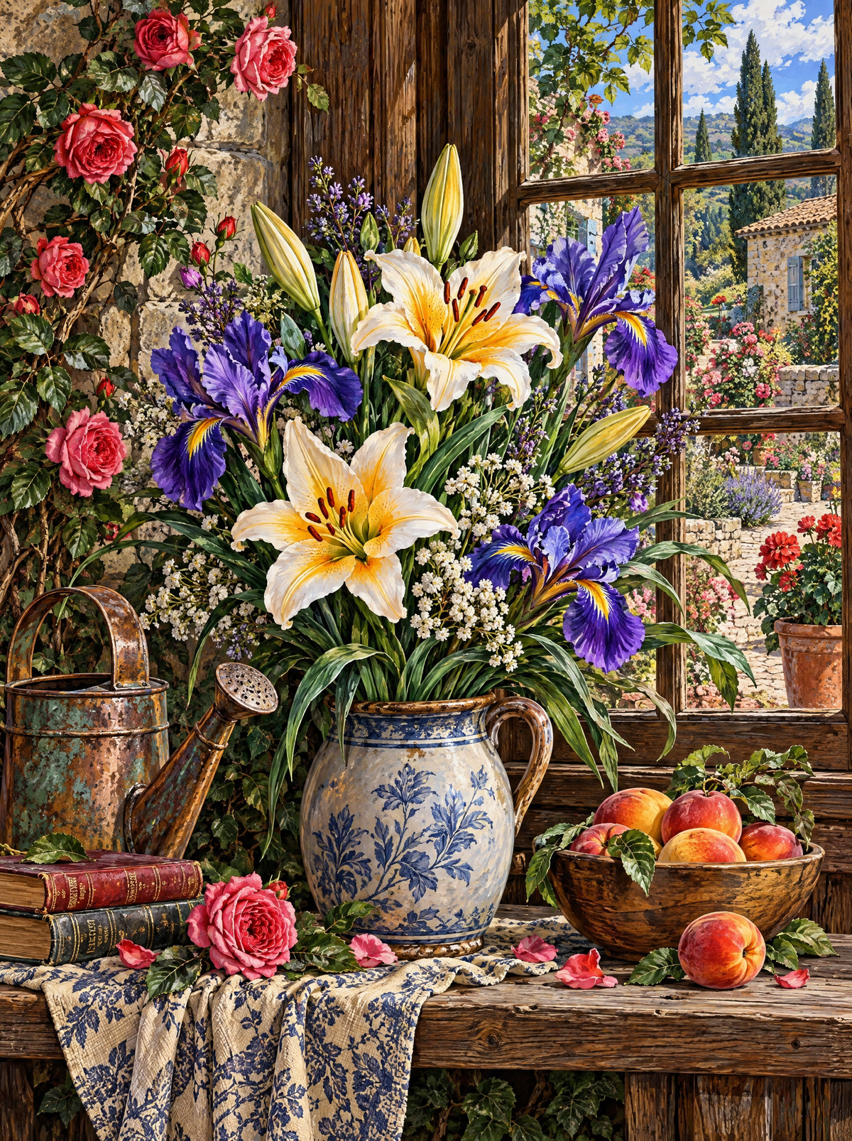 Irises, Lilies And A Bowl Of Peaches