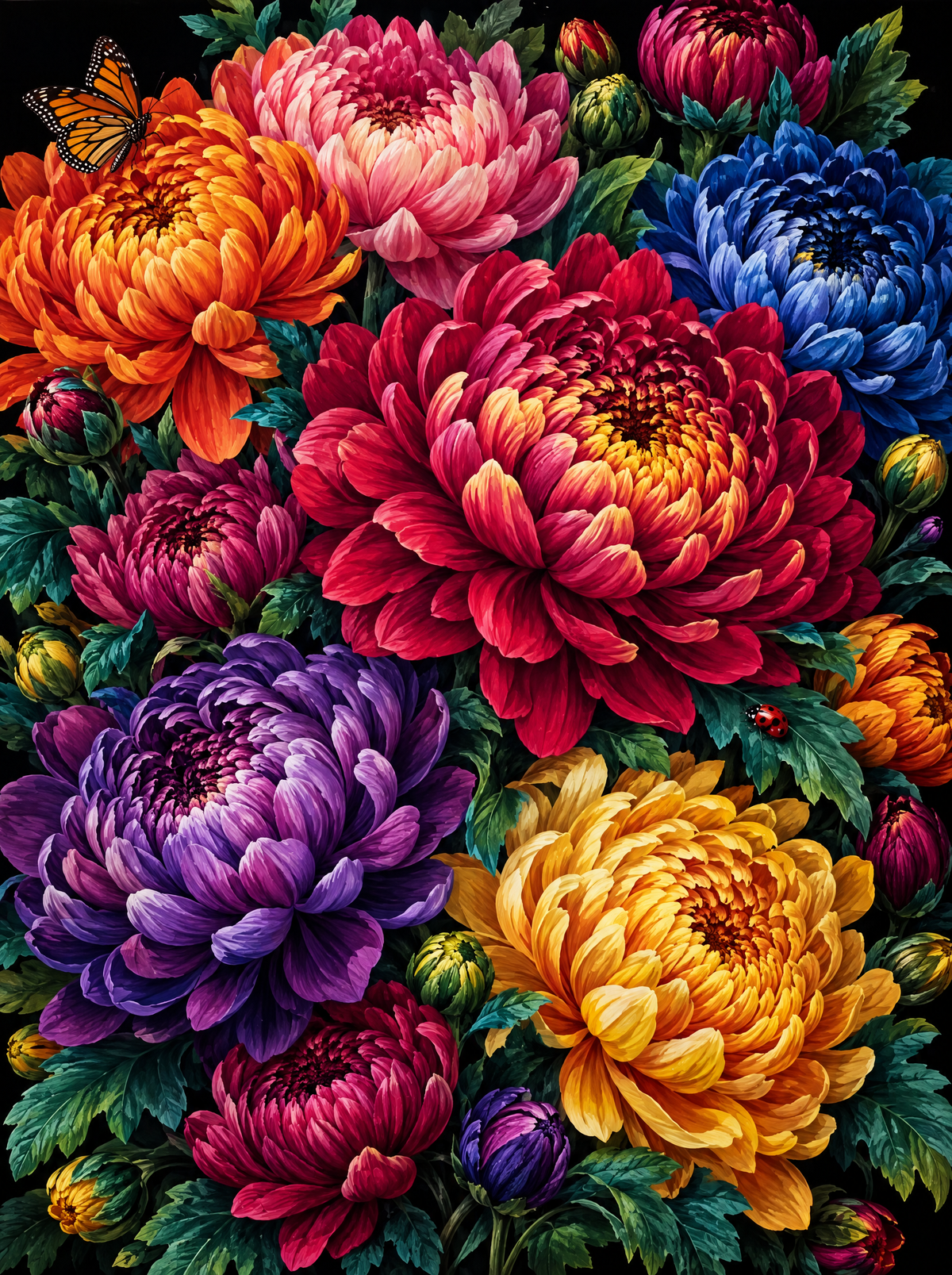 Jewel-Toned Chrysanthemums In Bloom
