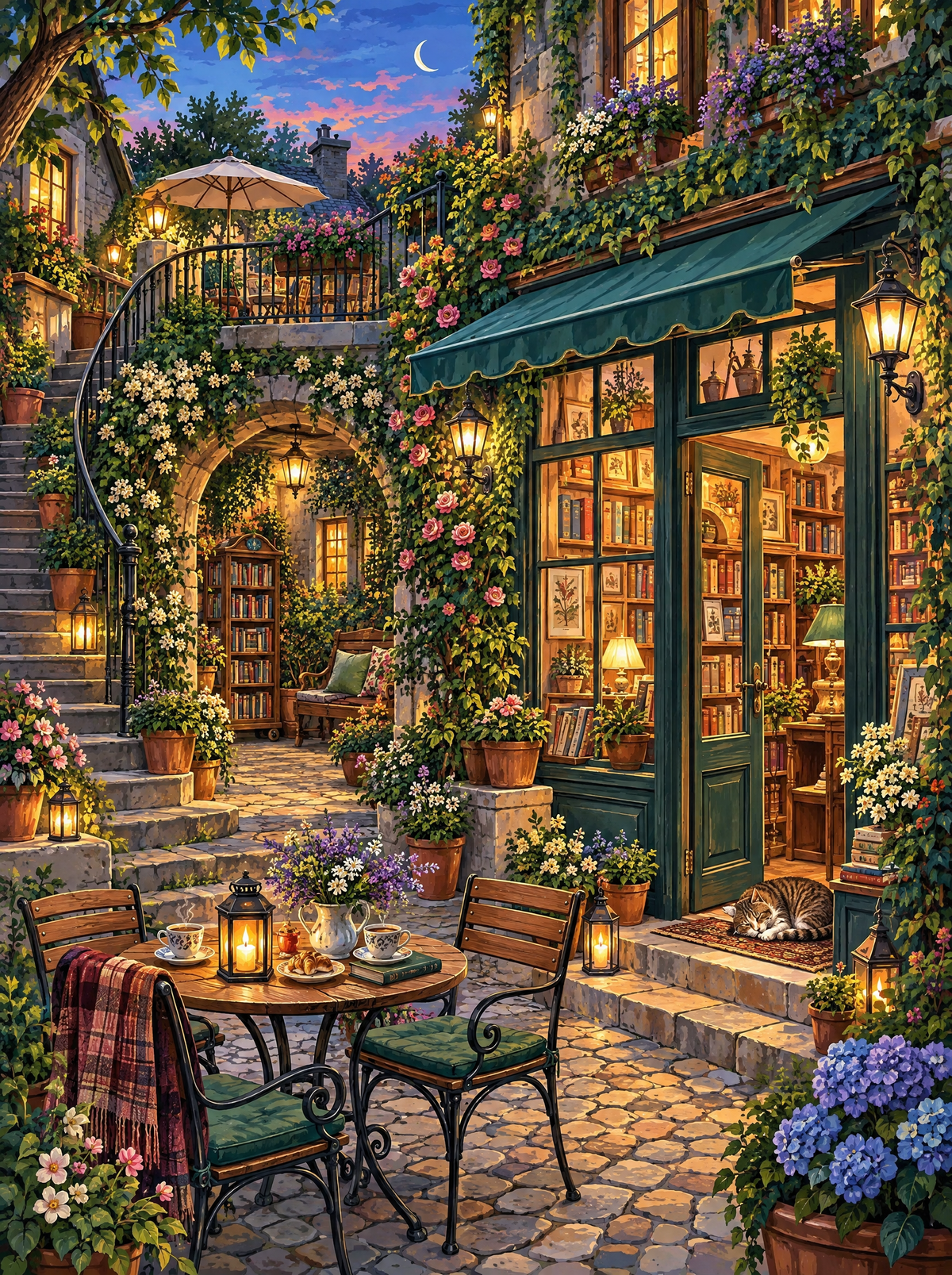 Lantern-Lit Courtyard Bookshop At Dusk