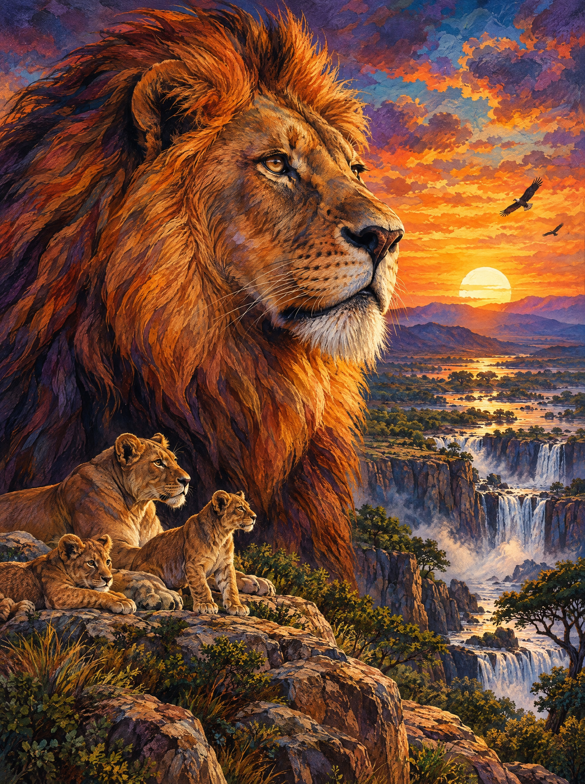 Lion Pride Above The Falls
