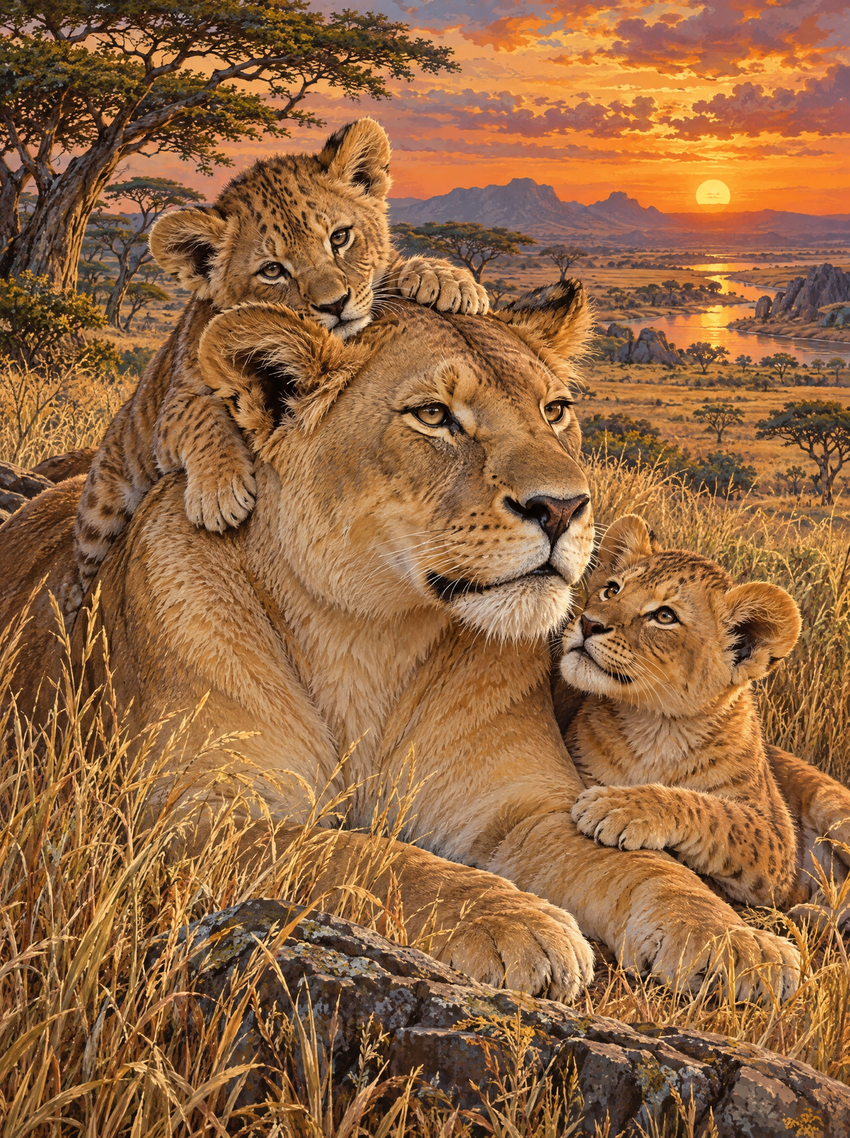 Lioness And Her Cubs At Dusk