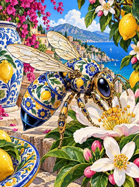 Majolica Bee On The Lemon Blossom (150 Color Diamond Painting)