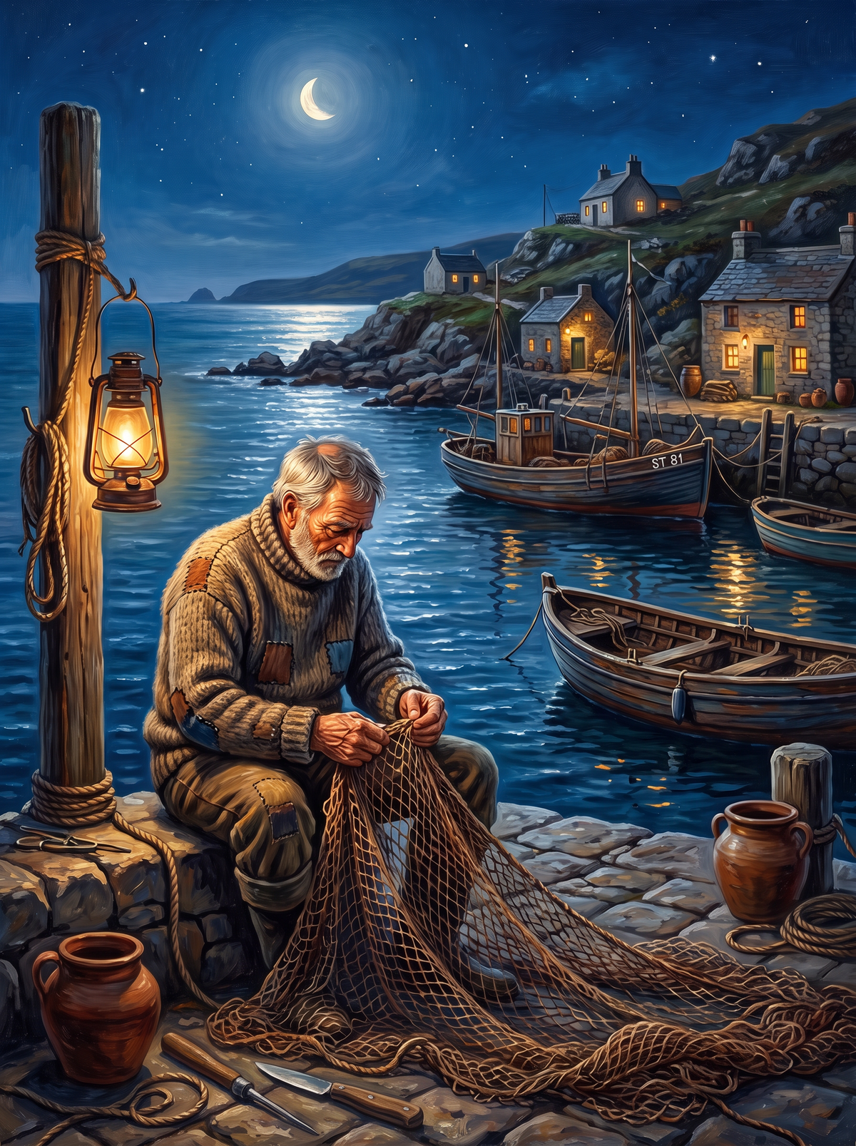 Mending Nets By Lantern Light