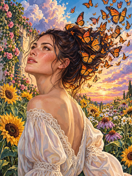 Monarchs Rising From Her Hair (150 Color Diamond Painting)
