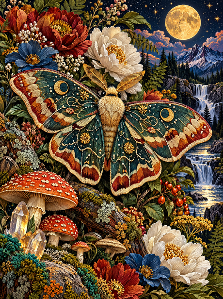 Moon Moth Over The Toadstools (150 Color Diamond Painting)
