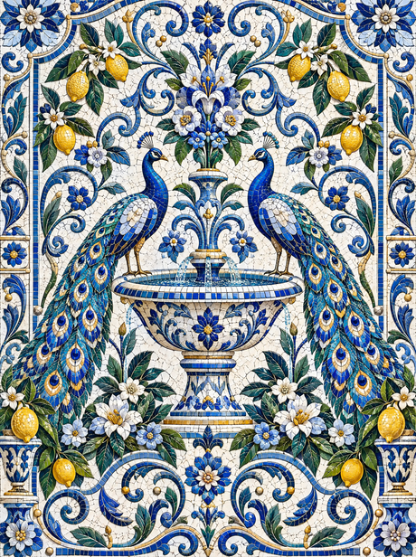 Mosaic Peacocks And Lemon Tiles (150 Color Diamond Painting)