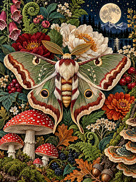 Moth Among The Toadstools (150 Color Diamond Painting)