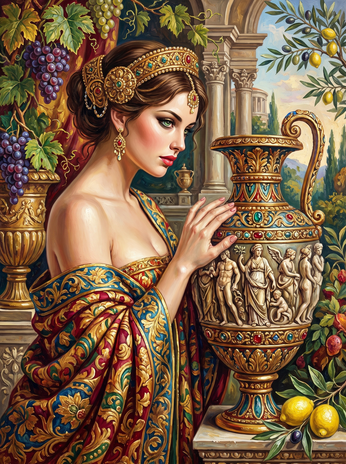 Olive Branches And A Carved Amphora