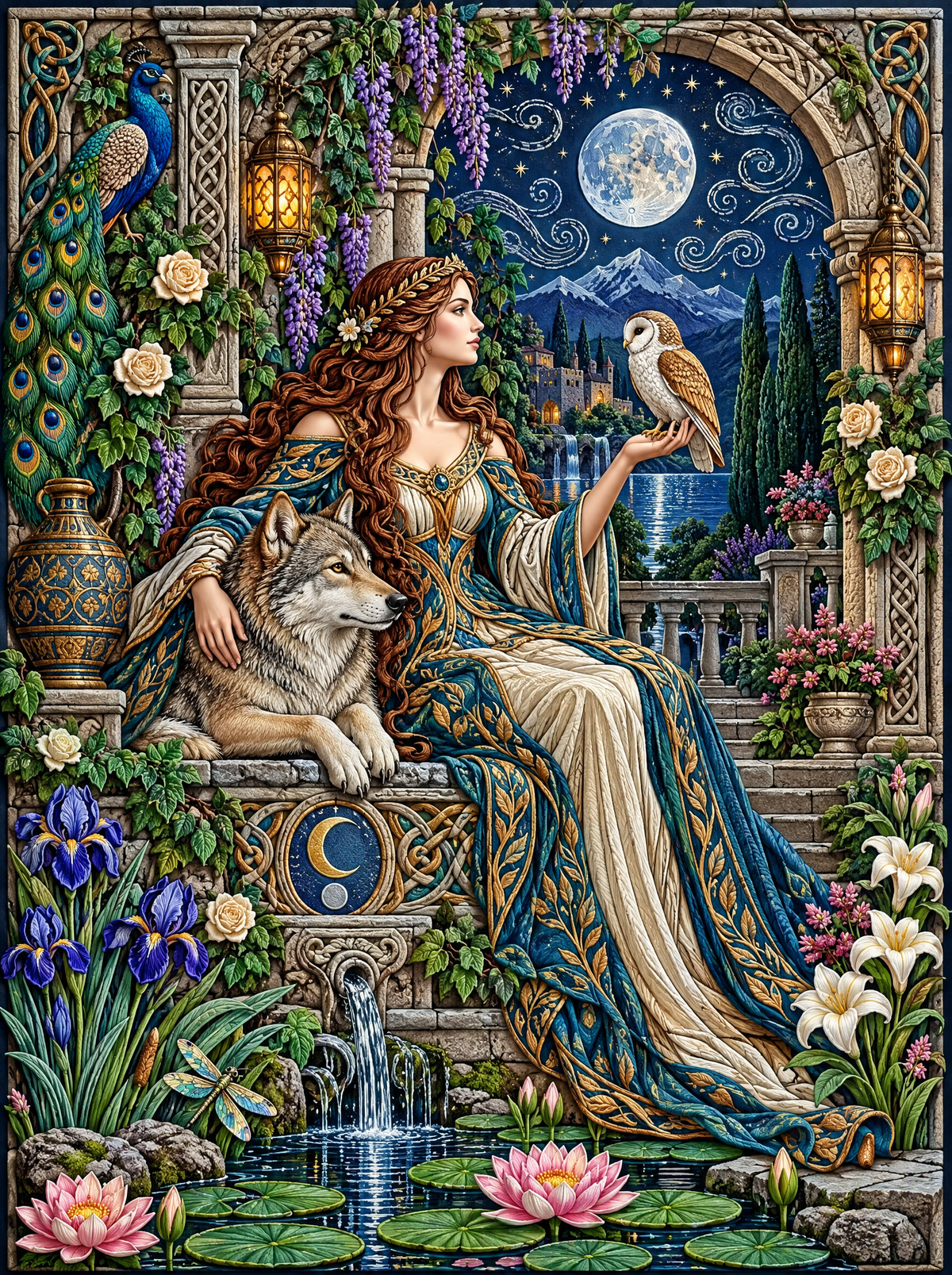 Owl, Wolf And The Moonlit Fountain