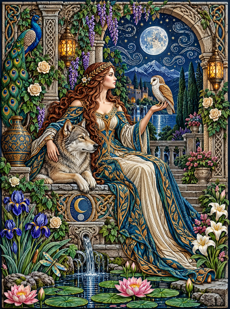 Owl, Wolf And The Moonlit Fountain (150 Color Diamond Painting)