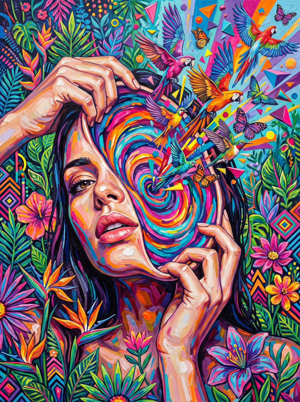 Parrots Bursting From A Rainbow Swirl