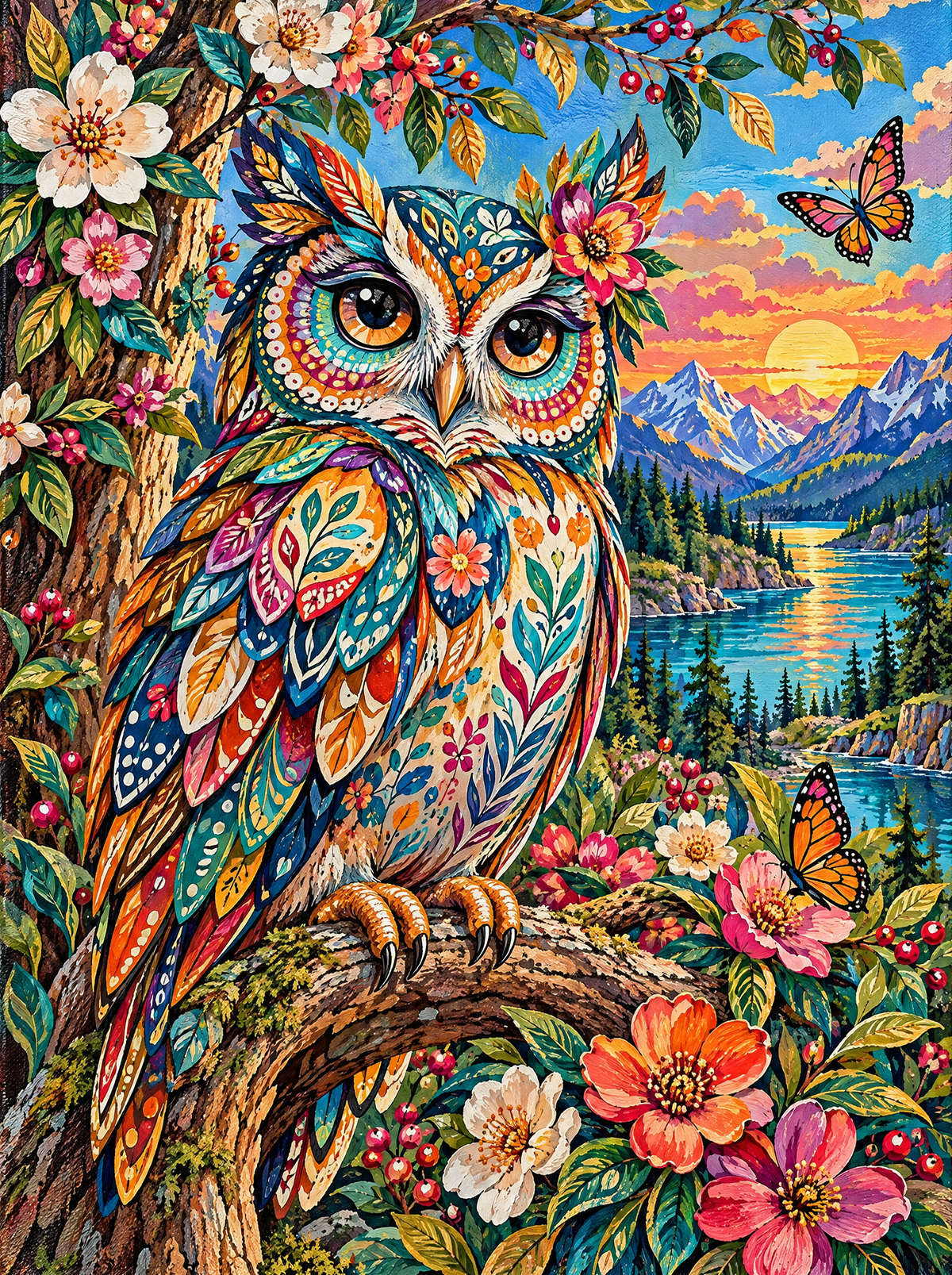 Patchwork Owl At The Lake Sunset