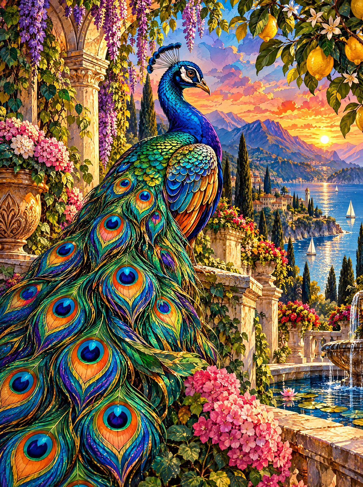 Peacock Among Lemons And Wisteria