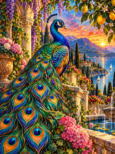 Peacock Among Lemons And Wisteria (150 Color Diamond Painting)