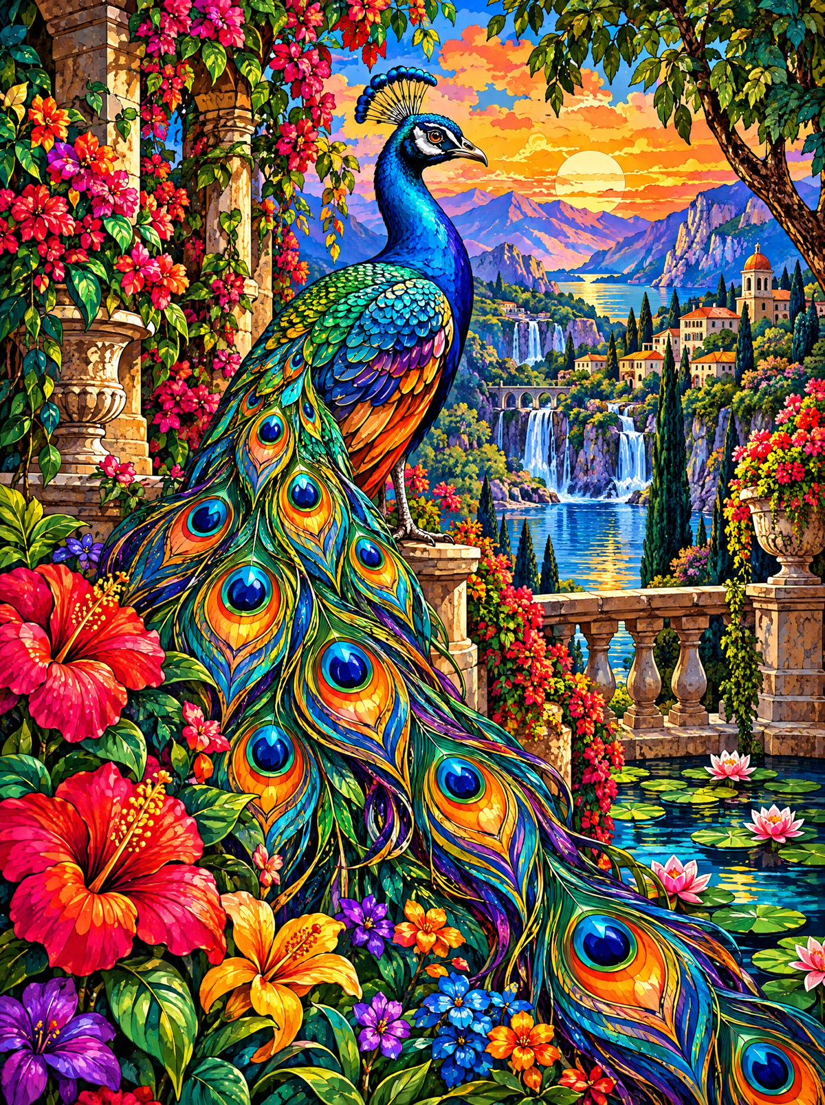 Peacock And Hibiscus At Sunset