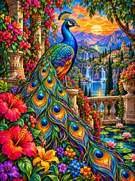 Peacock And Hibiscus At Sunset (150 Color Diamond Painting)