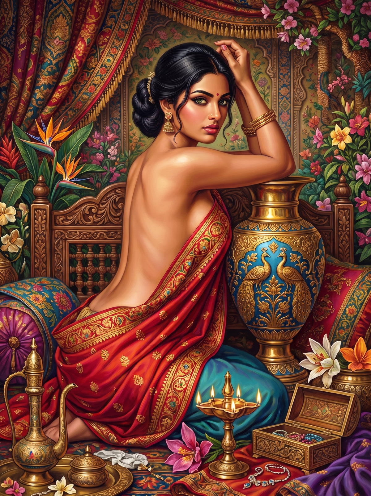 Peacock Urn And The Red Sari
