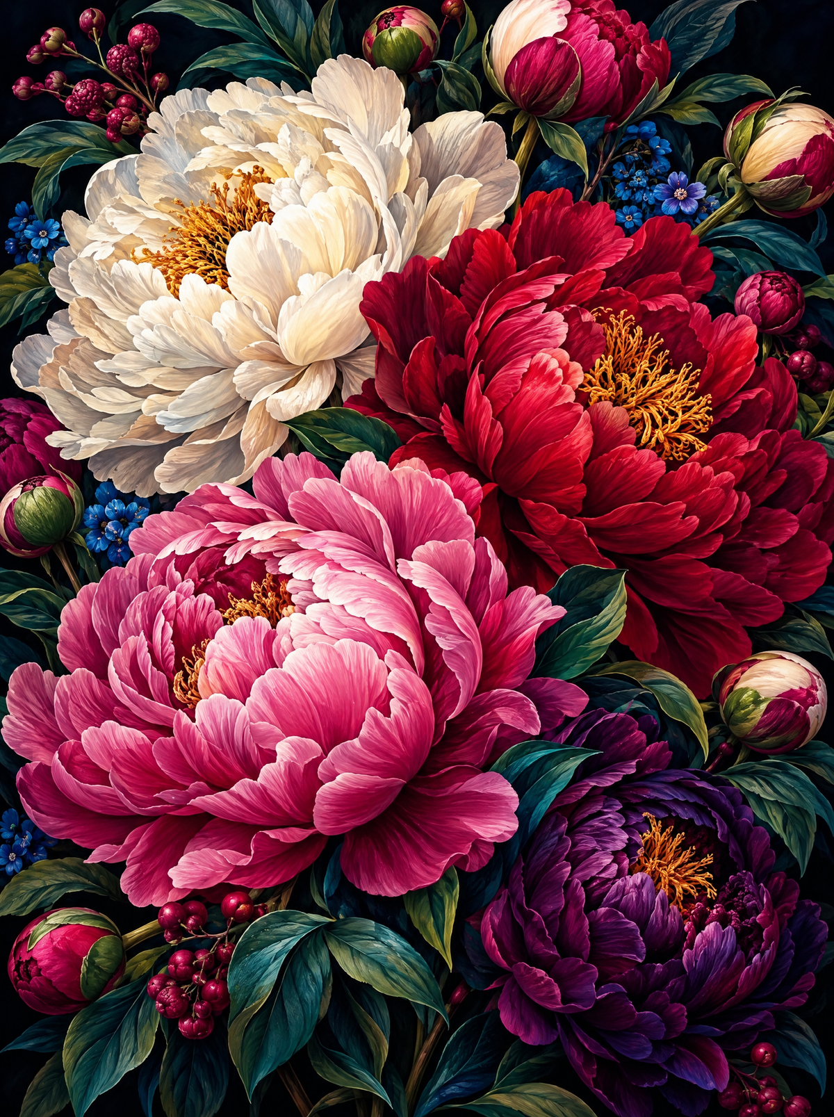 Peonies In Cream, Crimson And Plum