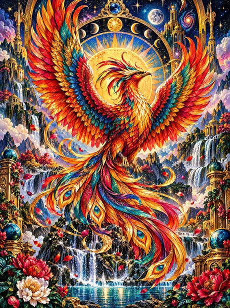 Phoenix Over The Golden Falls (150 Color Diamond Painting)
