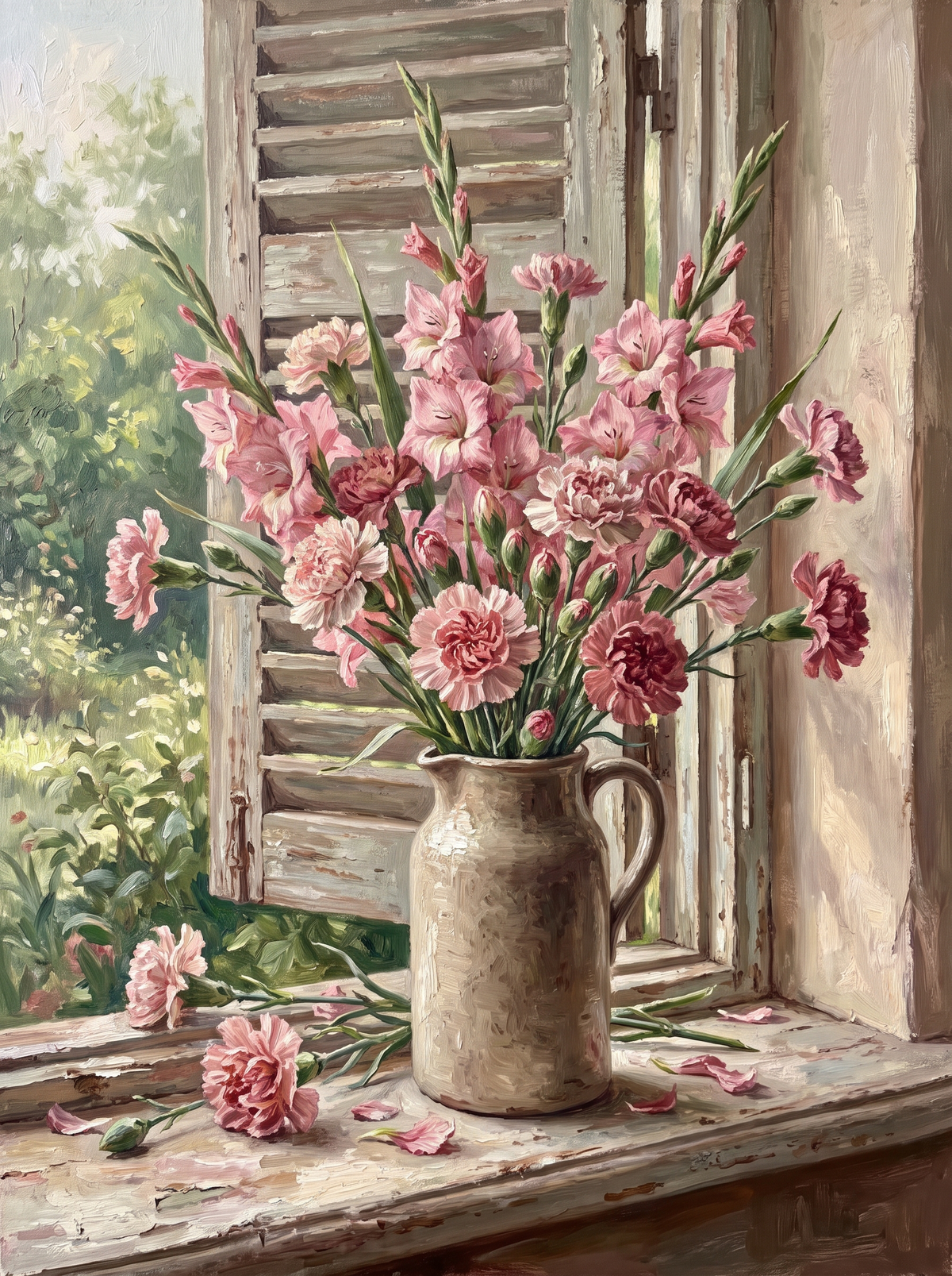 Pink Carnations On The Windowsill