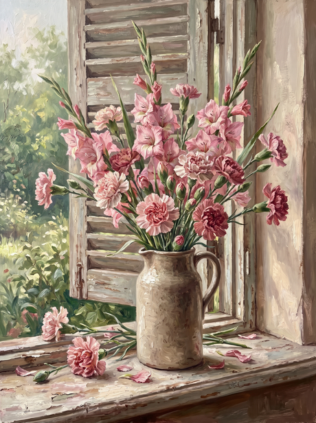 Pink Carnations On The Windowsill
