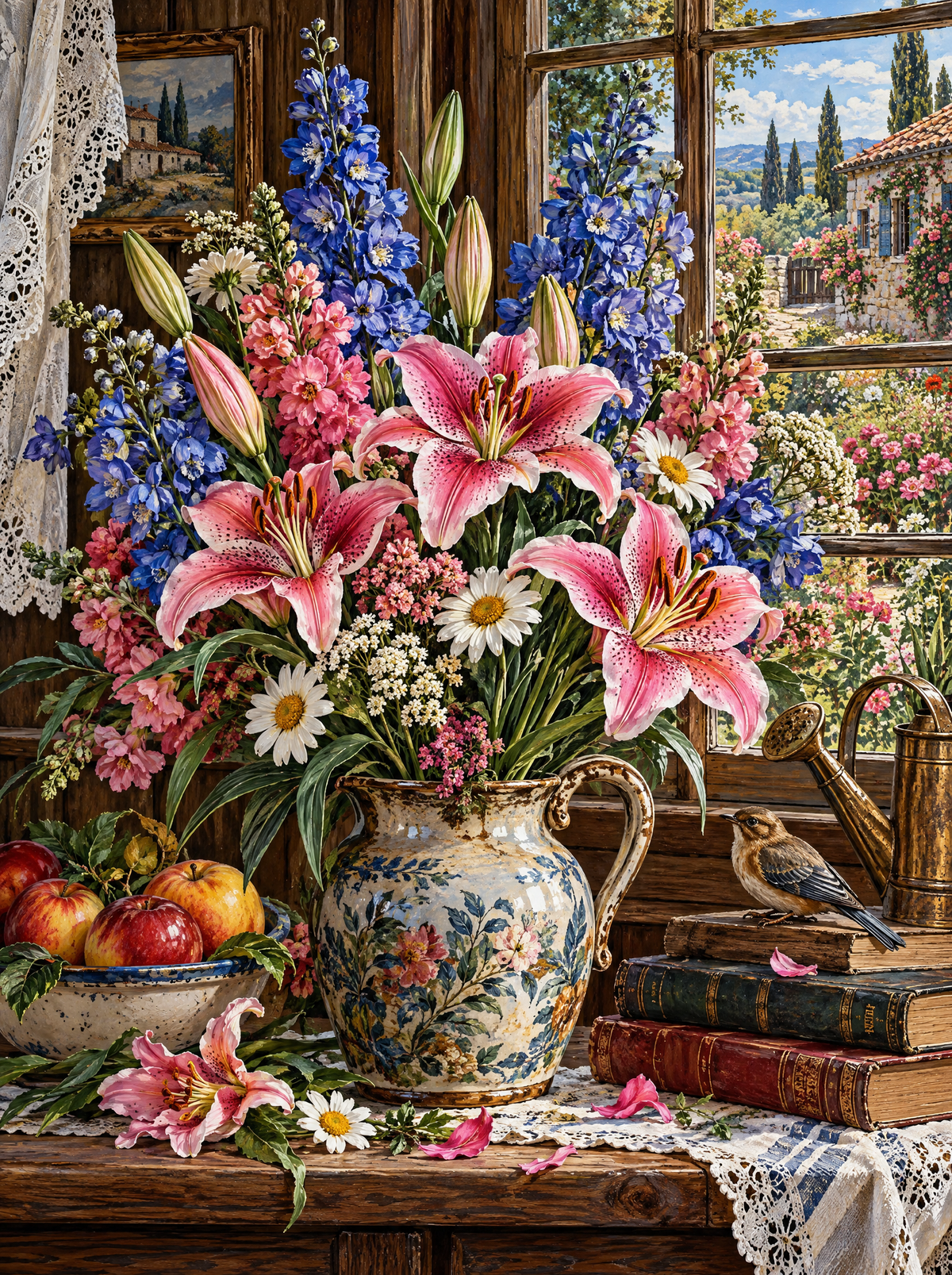 Pink Lilies And Delphiniums At The Window