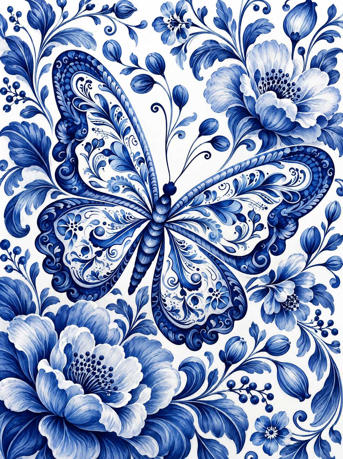 Porcelain Butterfly Among Blue Peonies